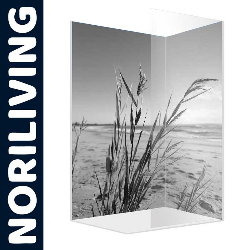 Elegante Duschwand mit Strandmotiv - Noriliving Schwarz-weiße Duschwand mit Strand und Gräsern als Motiv von Noriliving