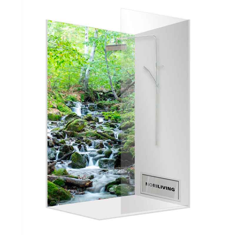Duschkabine mit Naturmotiv - Wald und Bach Glasduschkabine mit einem Bildmotiv von einem grünen Wald und einem fließenden Bach, Marke NORILIVING