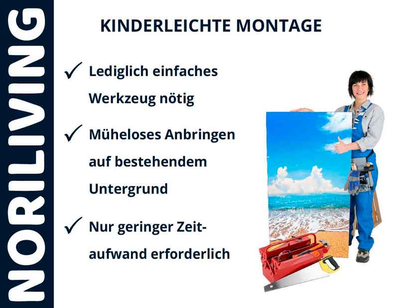 NORILIVING - Kinderleichte Montage: Einfaches Werkzeug und schneller Aufbau erforderlich Person hält ein Bild und zeigt einfache Montage mit geringem Zeitaufwand, NORILIVING