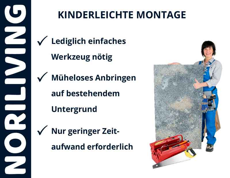 Frau präsentiert einfache Montageanleitung für Noriliving Material mit Werkzeug