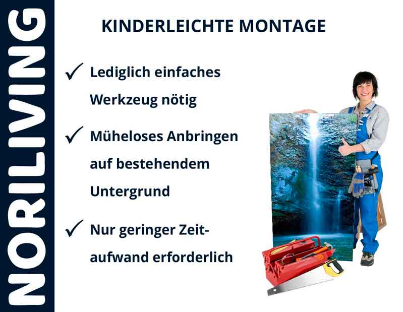 Handwerkerin zeigt einfache Montage von Noriliving mit minimalem Werkzeugaufwand