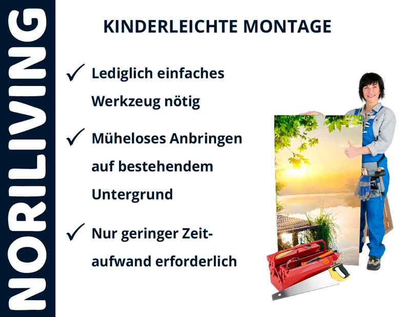 Einfache Montage mit minimalem Werkzeugaufwand Person zeigt auf Bild mit einfachem Montagesystem, benötigt nur einfaches Werkzeug