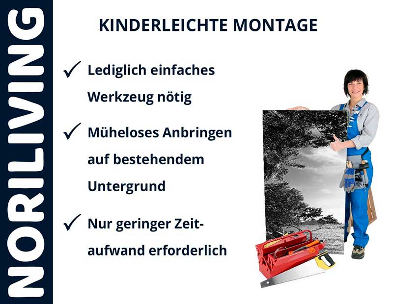 Werbung für Noriliving: Kinderleichte Montage mit minimalem Werkzeugeinsatz und geringem Zeitaufwand, präsentiert von Person mit Werkzeug und großem Bild.