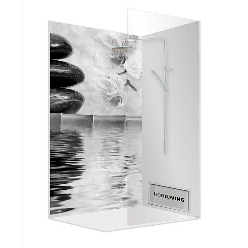 Duschwand mit Zen-Motiv, bestehend aus gestapelten Steinen und Orchideenblüten vor Wasserfläche