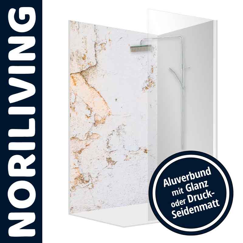 Dekorative Duschrückwand mit Mauerwerksdesign, Aluverbund mit Glanz oder Druck-Seidenmatt erhältlich, Marke NORILIVING