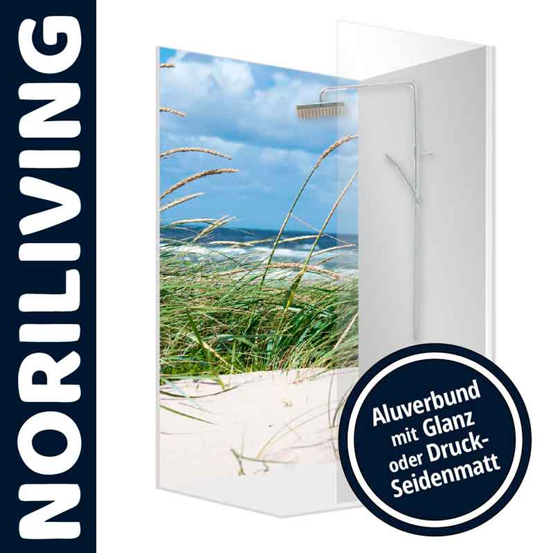 Duschwand mit Strandmotiv in Glanz oder Druck-Seidenmatt Duschtrennwand mit Meeresstrandmotiv, Aluverbundmaterial in Glanz oder Druck-Seidenmatt, von NORILIVING.