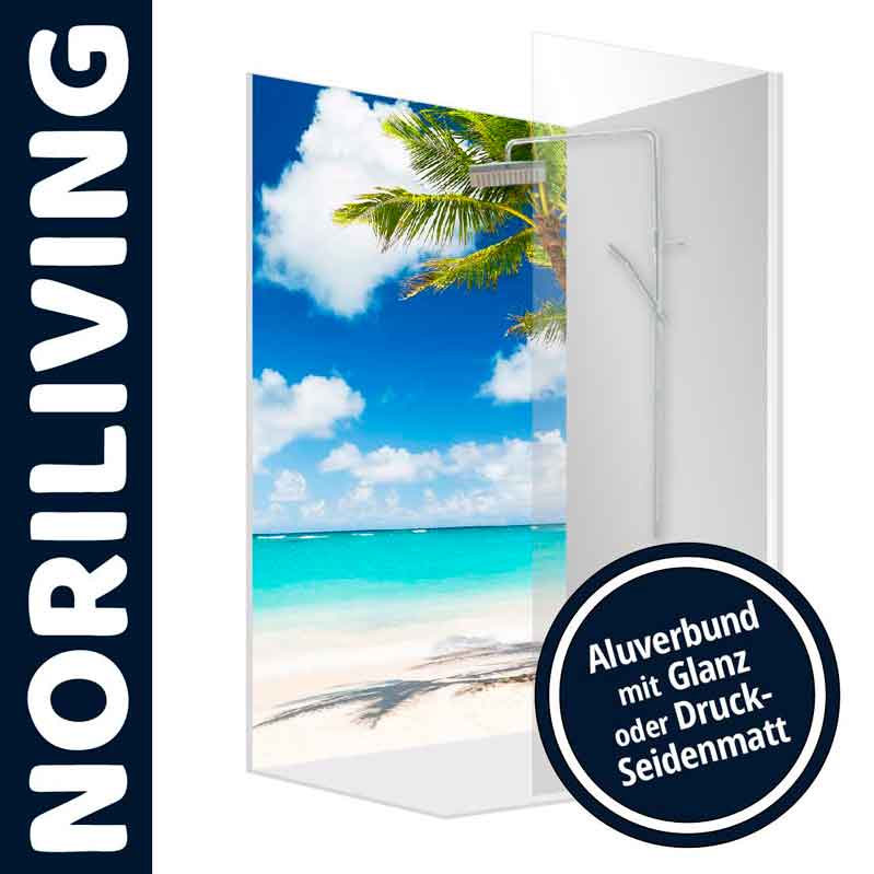 Duschwand von Noriliving mit Aluverbund in Glanz oder Seidenmatt, zeigt ein Strandmotiv mit Palmen