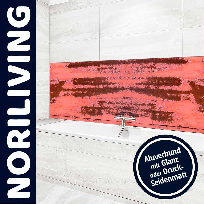 Badezimmer mit moderner Aluverbundrückwand in Rot über der Badewanne, bietet Glanz oder Druck-Seidenmatt Optionen von NORILIVING.