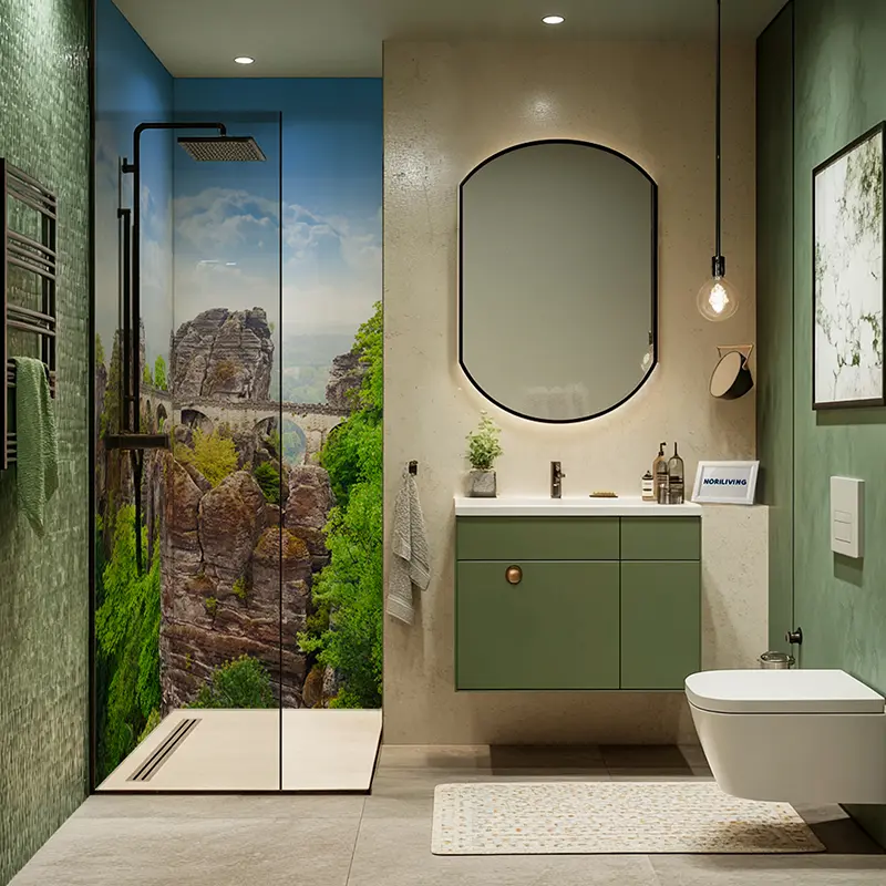 Badezimmer mit grünem Waschtisch und Duschwand mit Felsmotiv