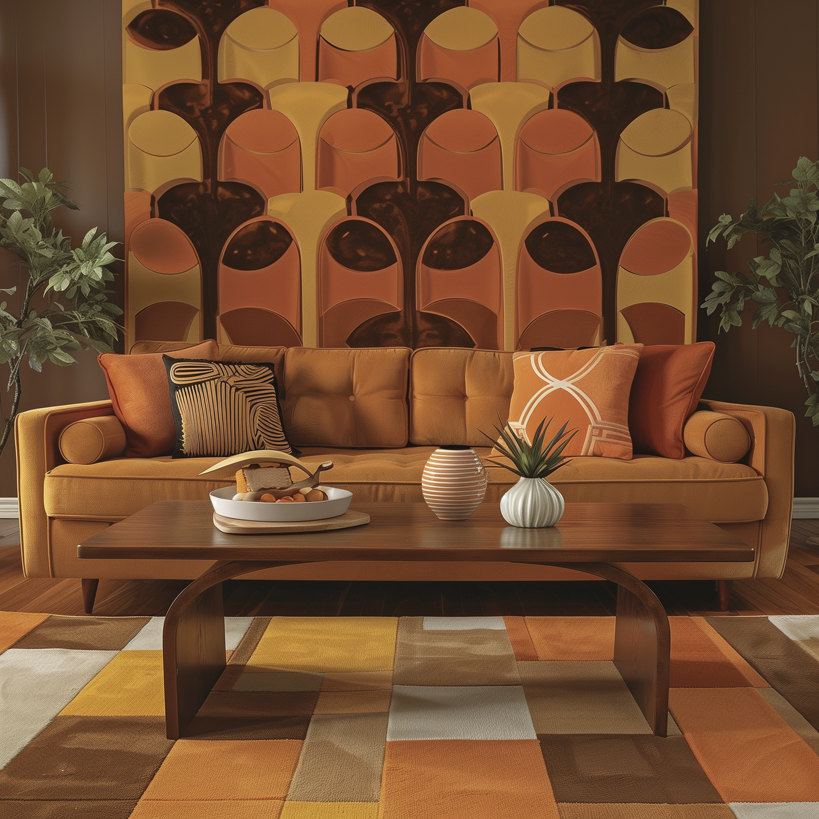 Ein stilvoll eingerichtetes Wohnzimmer im Retro-Design mit einem orangefarbenen Sofa, dekorativen Kissen, einem Holztisch und einem geometrischen Teppich, umgeben von grünen Pflanzen.