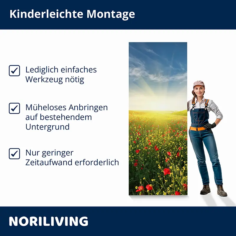 Wandbild Mohnfeld mit Montagehinweis und Handwerkerin