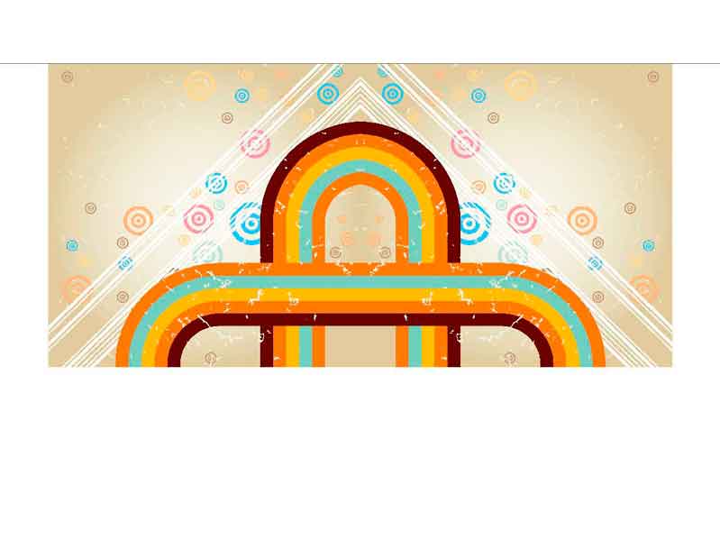 Abstraktes Retro-Muster mit bunten Streifen und Kreisen auf beigem Hintergrund