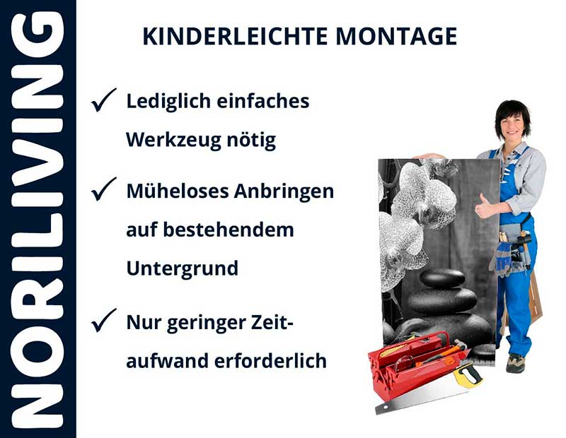 Einfache Wandmontage mit minimalem Zeitaufwand Mann mit Werkzeug zeigt eine dekorative Wand mit einfacher Montage und minimalem Zeitaufwand.