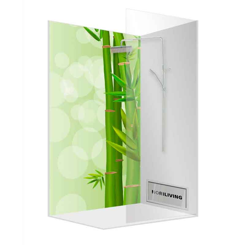 Duschkabine mit grünem Bambusdesign und transparenten Glaswänden