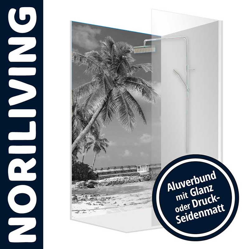 Duschwand mit Palmenmotiv von Noriliving, aus Aluverbund hergestellt, in glänzender oder seidenmatter Ausführung, ideal für Ihr Badezimmer