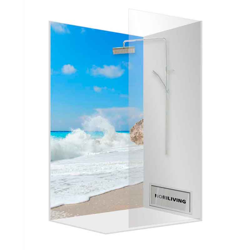 Elegante Duschkabine mit Strandbild und Regenduschkopf