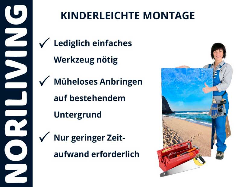 Werbung von Noriliving mit einfacher Montageanleitung, Person hält ein Strandbild