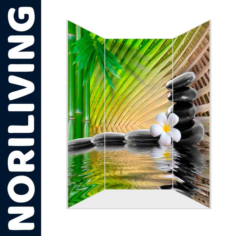 Dekorativer Raumteiler mit Motiv von Bambus, Zen-Steinen und Blüte