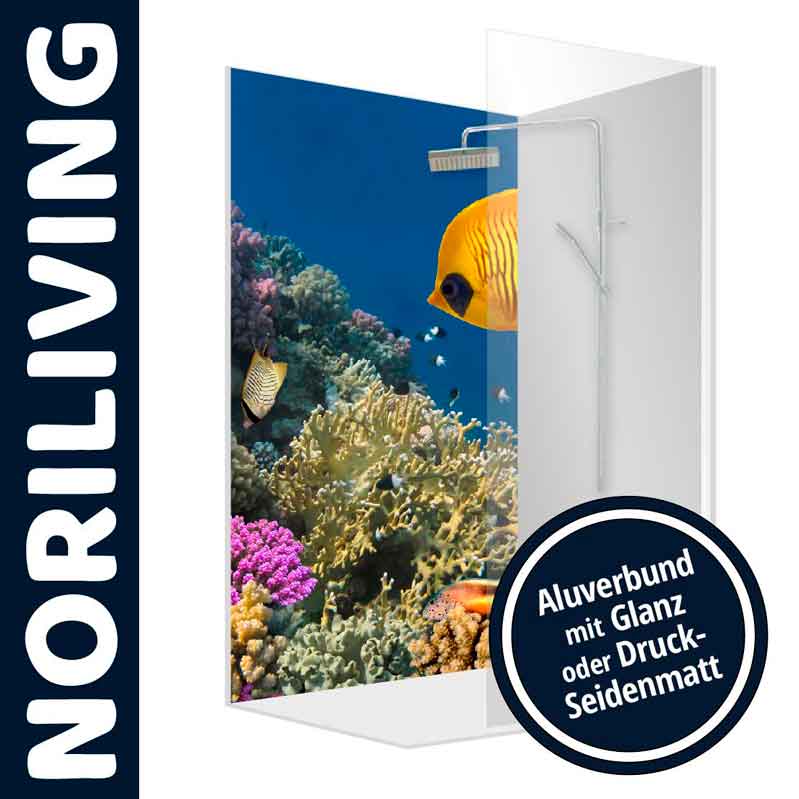 Duschwand mit Unterwasserdesign aus Aluverbund - Glanz oder Seidenmatt Duschwand mit farbenfrohem Korallenriff und Fischmotiv, Aluverbund mit Glanz oder Druck-Seidenmatt