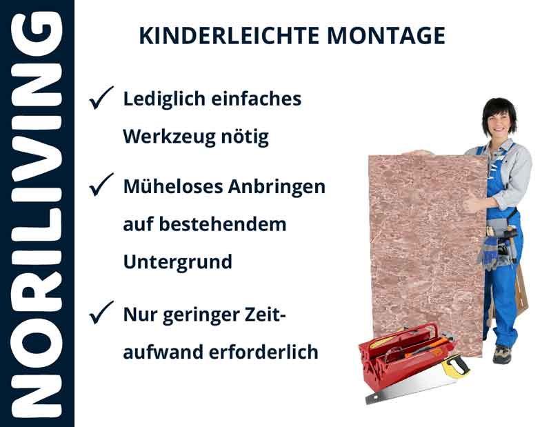 Montageanleitung von Noriliving mit einfacher Werkzeuganwendung, mühelosem Anbringen und geringem Zeitaufwand.