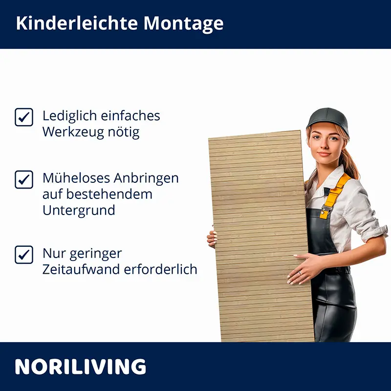 Frau hält Paneel Klebefolie bambusfarbige Holzwand 143