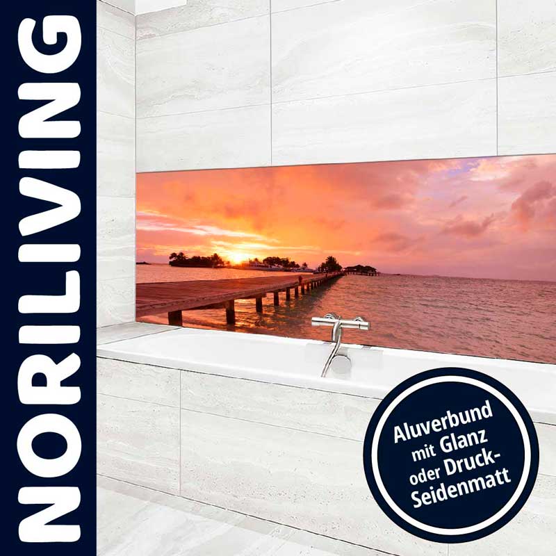 Noriliving Badezimmerdesign mit Aluverbundbild in Glanz oder Druck-Seidenmatt Optik Badezimmer mit Aluverbund-Wandbild zeigt Steg im Sonnenuntergang, Noriliving Design