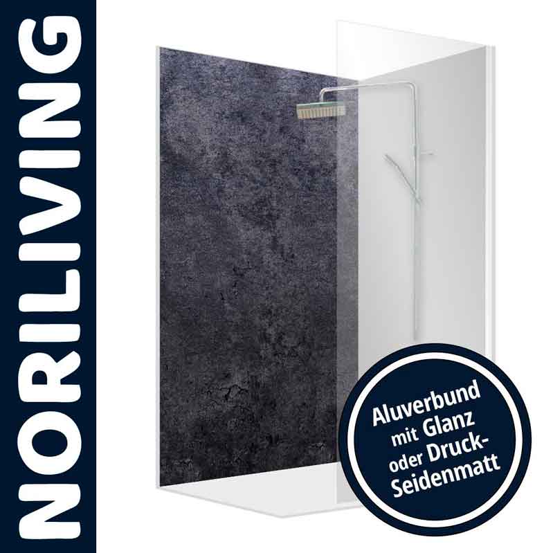 Produktbild einer Noriliving Duschrückwand aus Aluminium mit Optionen Glanz oder Druck-Seidenmatt