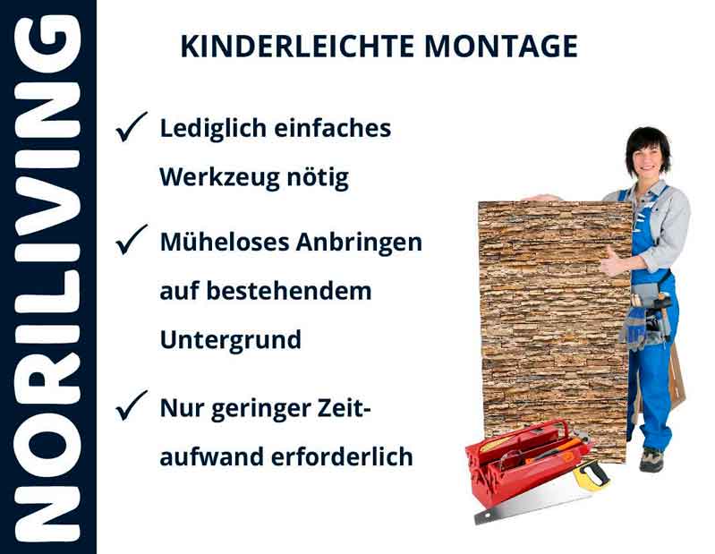 Produkt zur kinderleichten Montage, erfordert nur einfaches Werkzeug und wenig Zeit, Frau hält Panel mit Werkzeugkasten