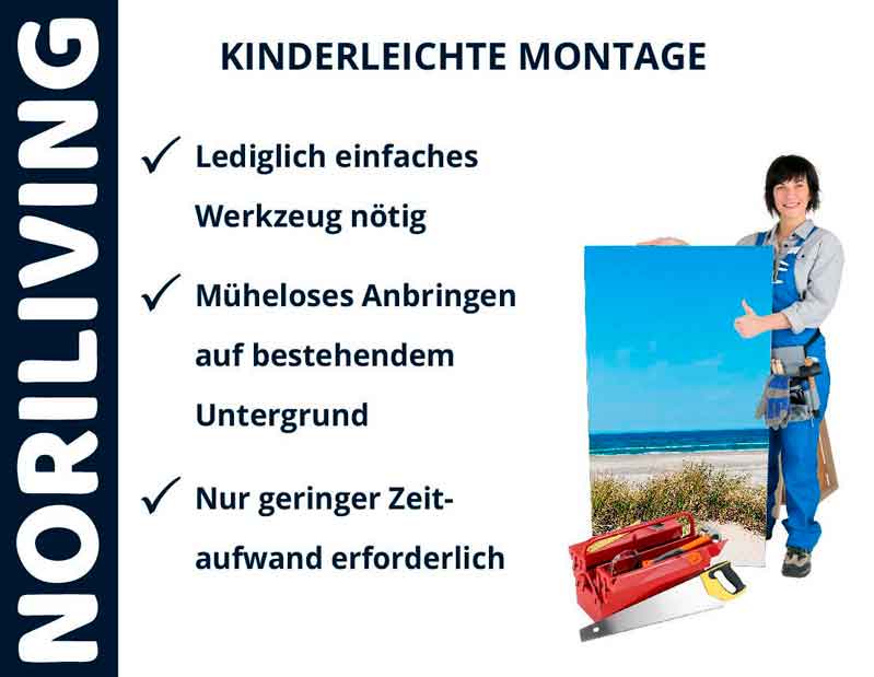 Montageanleitung von Noriliving: Lediglich einfaches Werkzeug nötig, müheloses Anbringen auf bestehendem Untergrund, nur geringer Zeitaufwand erforderlich. Person mit Werkzeug neben Strandbild.