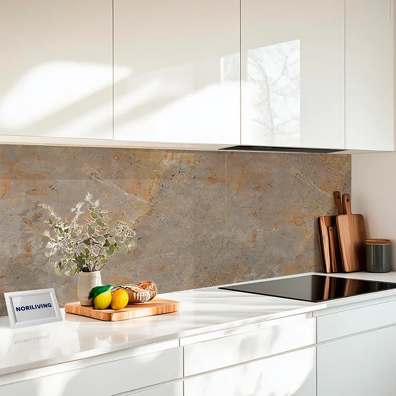 Küchenrückwand Echtglasoptik Profiline Marmorstruktur mittelgrau mit rostfarbigen Einschlüssen 028