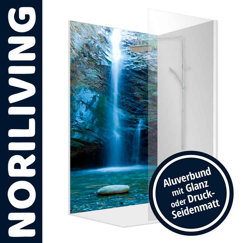 Duschwand von NORILIVING mit Wasserfallbild, in Aluverbund erhältlich mit glänzender oder seidenmatter Oberfläche