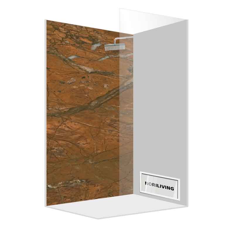 Duschkabine mit braunem Marmor-Design, NORILIVING-Logo sichtbar