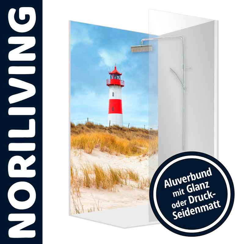 Duschrückwand mit Leuchtturmmotiv auf Aluverbundmaterial, geeignet für Badezimmer