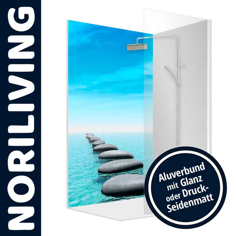 Duschabtrennung mit Bild von Steinen im Wasser auf Aluverbund mit Glanz oder Seidenmatt