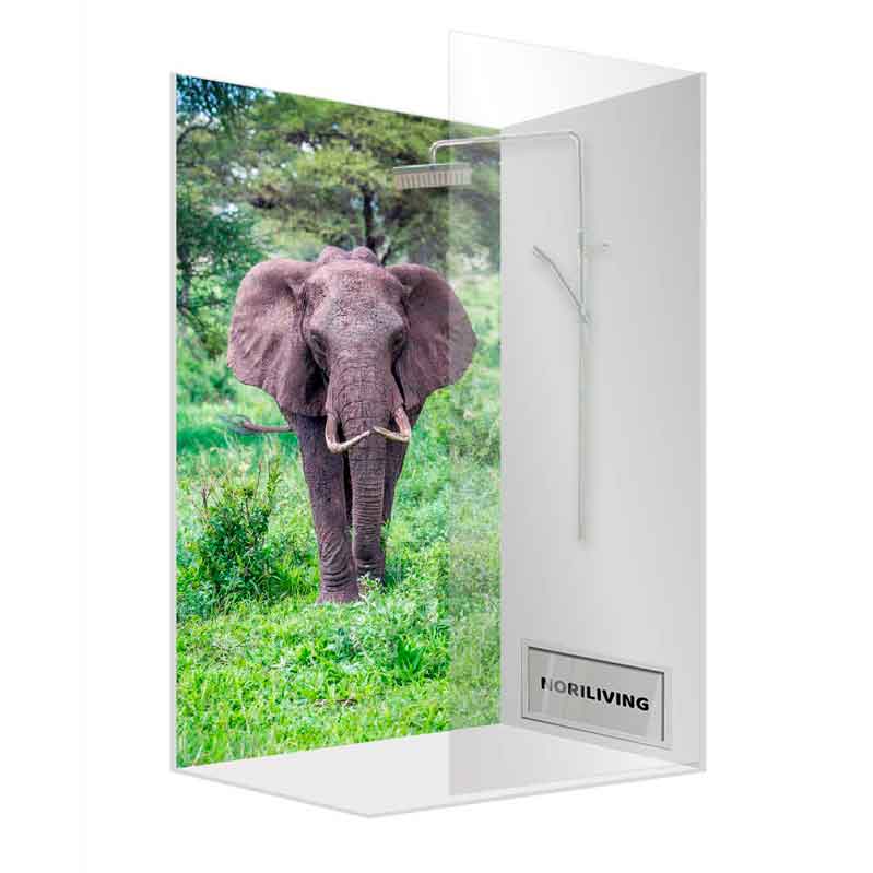 Dusche mit Elefantenmotiv - Einzigartiges Design für ein Naturerlebnis im Badezimmer Duscheinheit mit bedrucktem Elefantenmotiv, das eine Safari-Atmosphäre vermittelt
