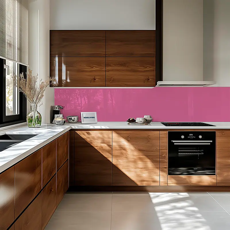 Holzküche mit weißer Arbeitsplatte und pinker Rückwand