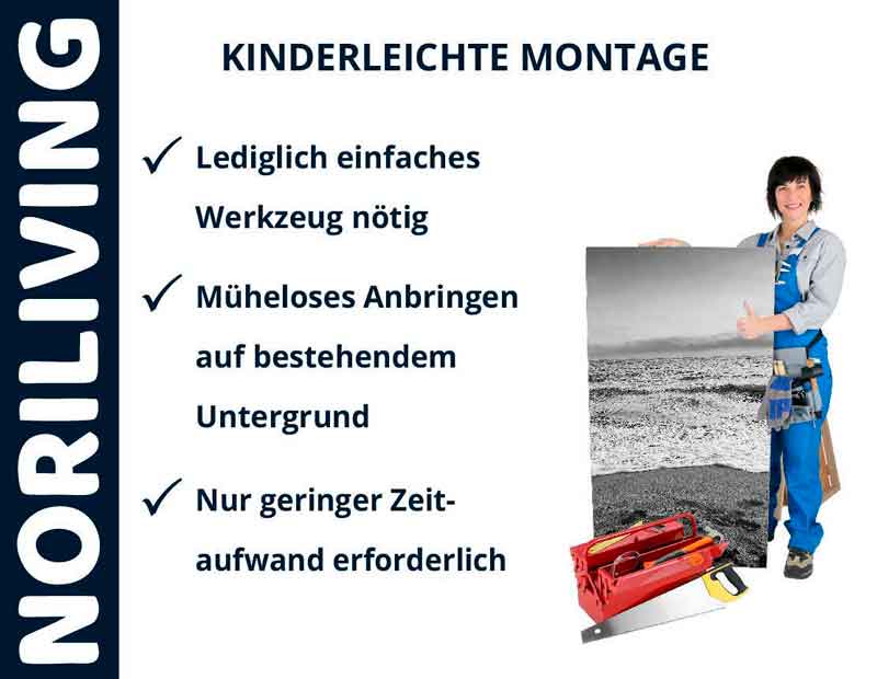 Person mit Werkzeugkasten und Schild, Tipps für kinderleichte Montage von Noriliving-Produkten