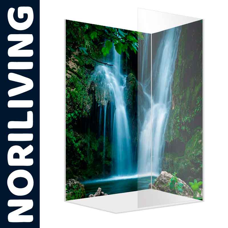 Glasplatte der Marke NORILIVING, bedruckt mit einem Wasserfall-Motiv