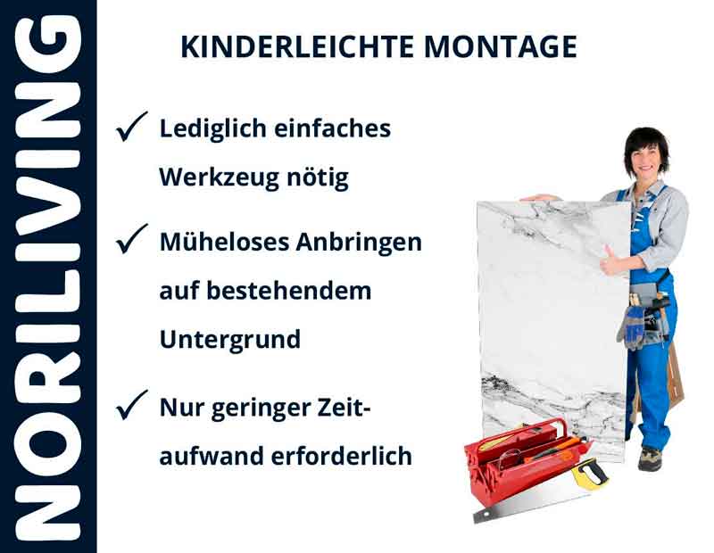 Handwerkerin zeigt die einfache Montage von Wandpaneelen mit minimalem Werkzeug, umgeben von Werkzeug und einer NORILIVING Werbetafel.