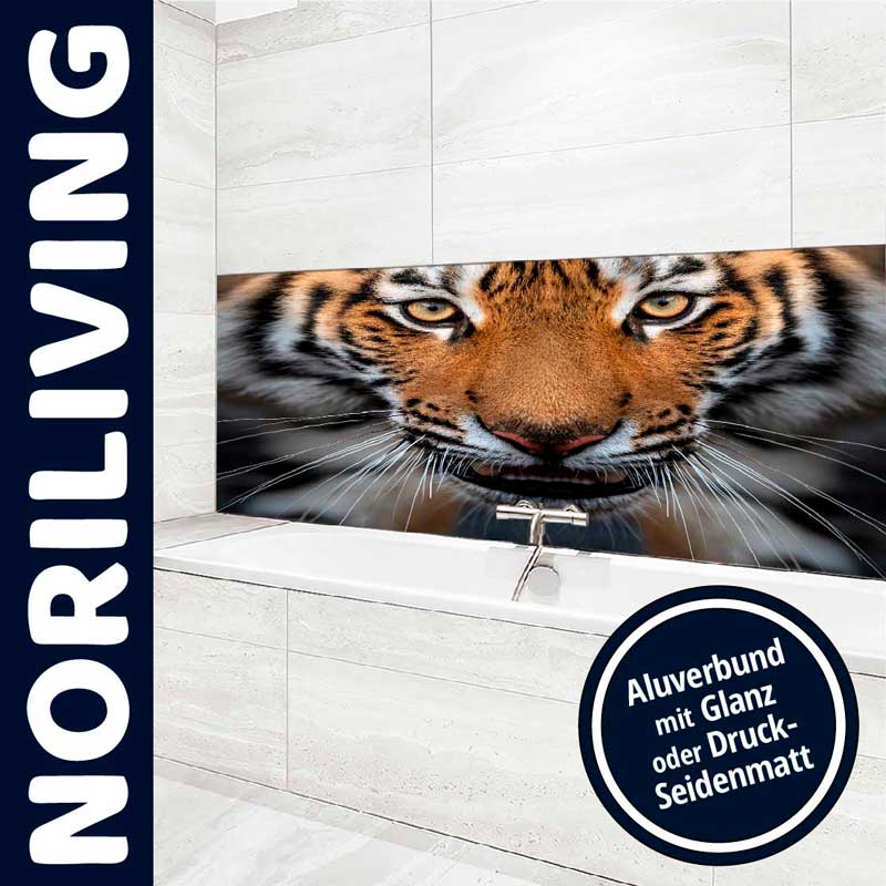 Dekorative Wandverkleidung mit Tiger-Motiv für das Badezimmer Luxus-Bad mit großformatigem Tigerbild als Wandverkleidung aus Aluverbund, erhältlich in Glanz oder Druck-Seidenmatt