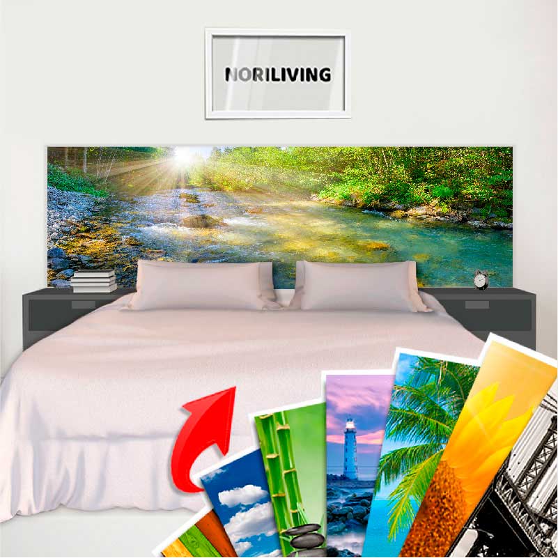 Bett mit Natur-Motiv Kopfteil und austauschbaren Designs Schlafzimmer mit Bett, dessen Kopfteil ein Natur-Motiv zeigt, und verschiedenen austauschbaren Designs