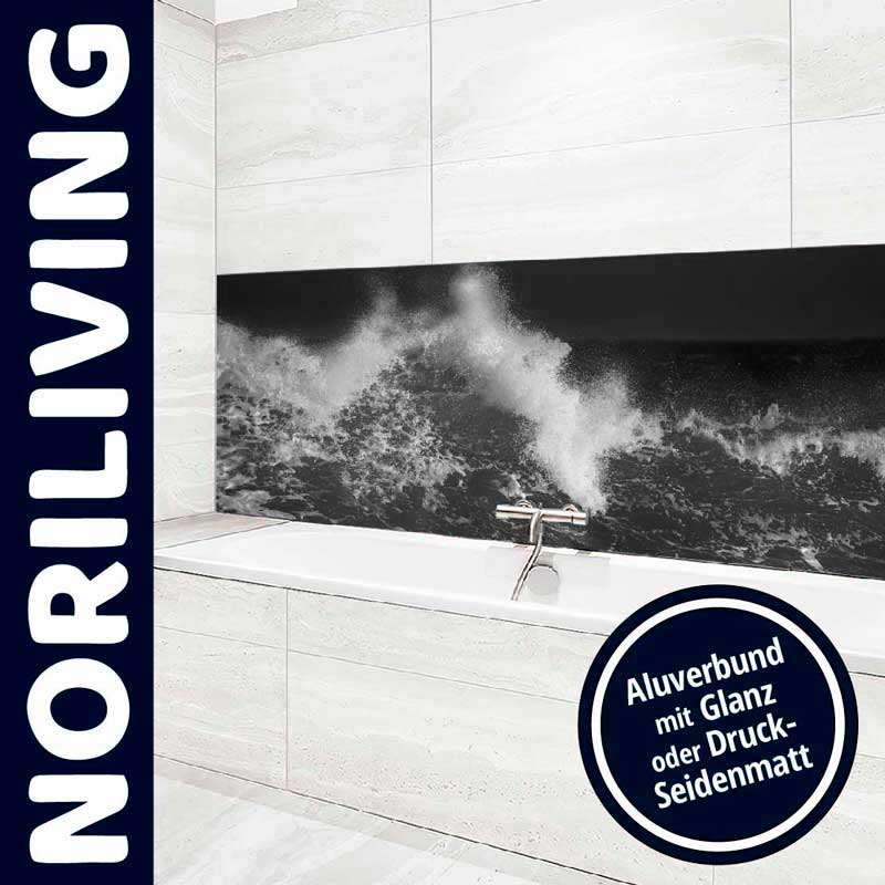 Modernes Badezimmer-Design mit Noriliving-Wanddekor Elegantes Badezimmer mit Noriliving Dekoration, Aluverbund im Glanz- oder Druck-Seidenmatt-Finish