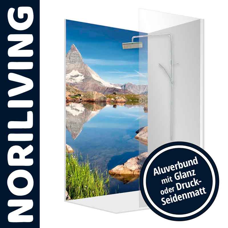 Duschwand mit Bergmotiv in Aluverbund mit Glanz oder Druck-Seidenmatt – NORILIVING Duschwand von NORILIVING mit beeindruckendem Berglandschaftsbild, erhältlich in Aluverbund mit Glanz oder Seidenmatt-Oberfläche.