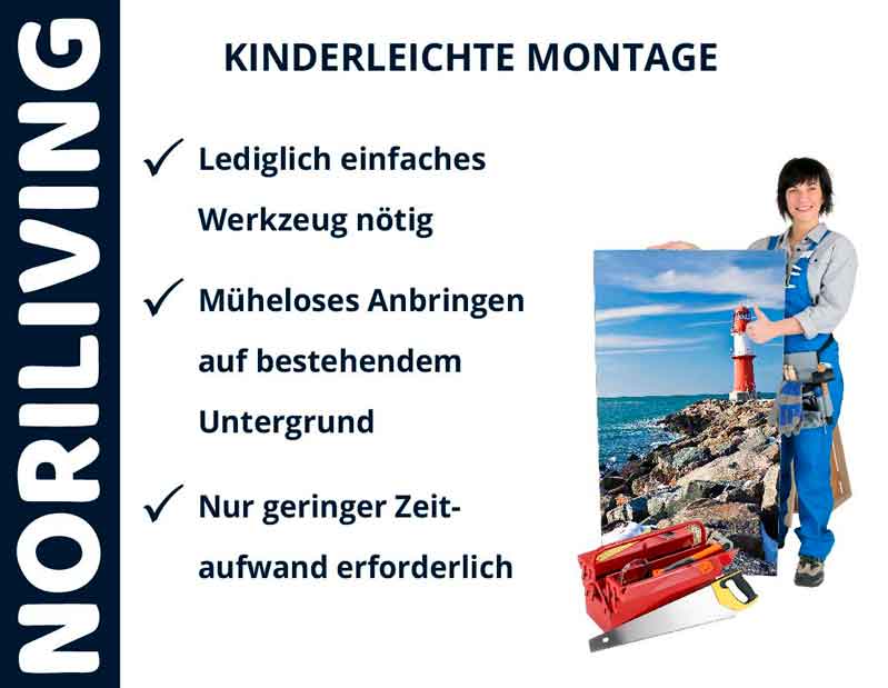 Werbebild von NORILIVING: Einfache Montage eines Bilderrahmens mit minimalem Werkzeugeinsatz. Frau hält Bild mit Leuchtturm.