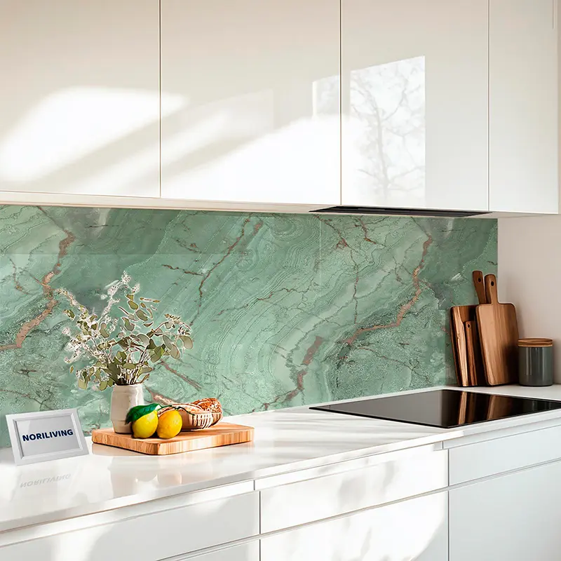 Küchenrückwand Alu Marmor pastelltürkis mit orangenen Einschlüssen 037 Küchenrückwand Alu Marmor pastelltürkis mit orangenen Einschlüssen 037