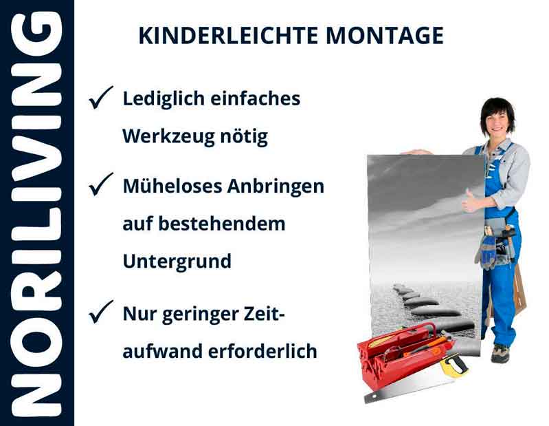 Werbung für Noriliving mit einfacher Montageanleitung, Person zeigt Bild mit Werkzeugkasten
