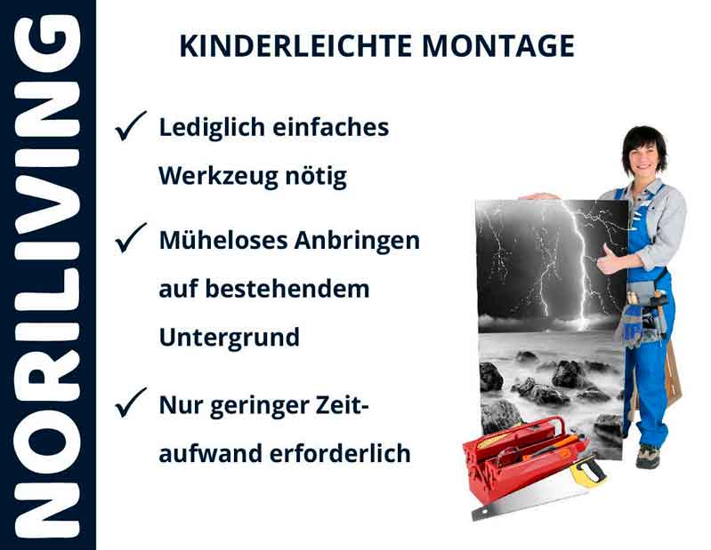 Kinderleichte Montage mit Noriliving – Einfaches Werkzeug und geringe Zeit erforderlich Person hält Bild mit Landschaft und Blitz; unkompliziertes Montage-Set von Noriliving mit Werkzeug gezeigt
