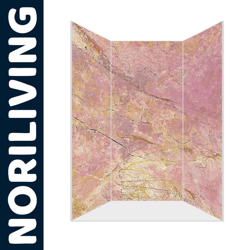 Raumteiler mit rosafarbenem Marmor-Look und NORILIVING-Logo