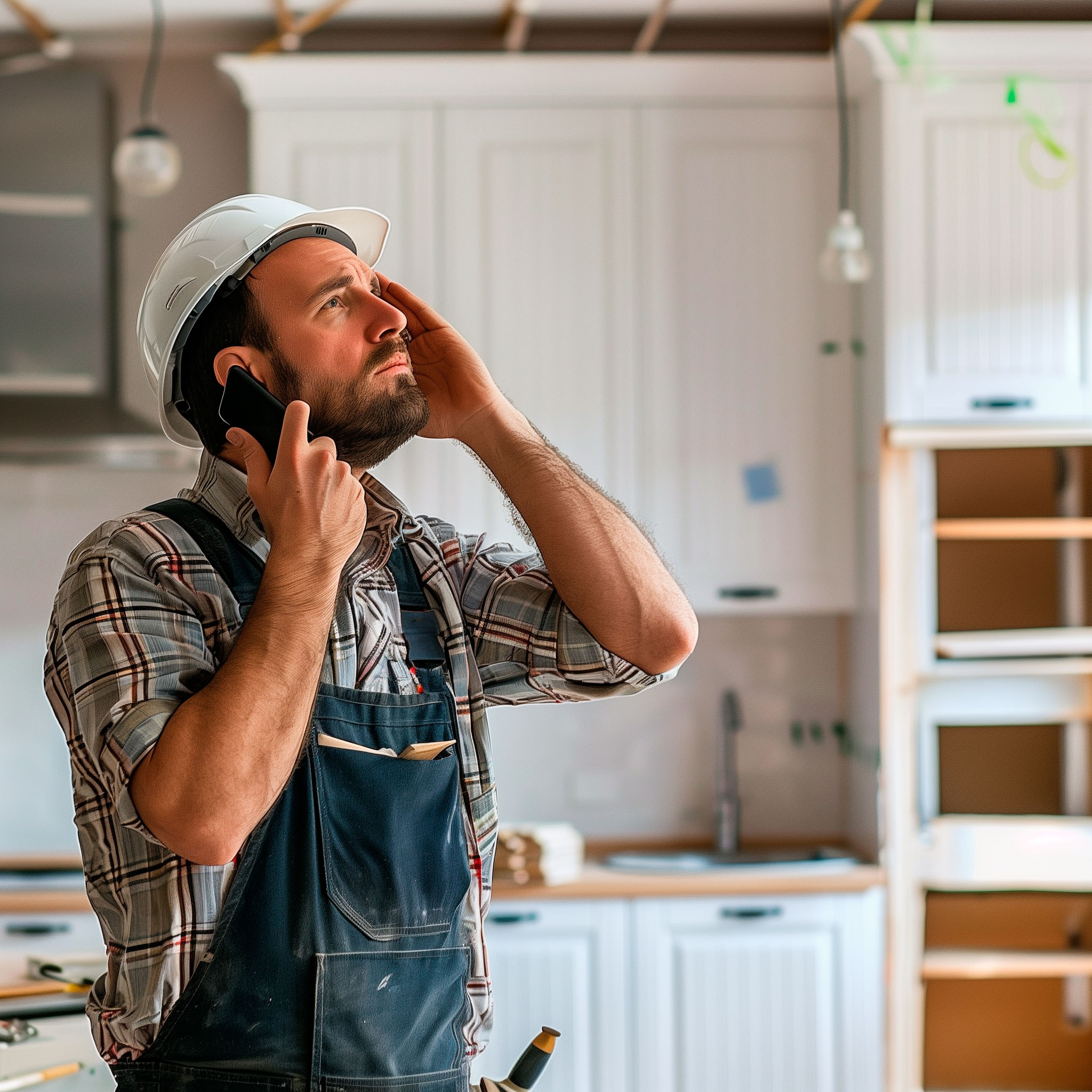 Ein Bauarbeiter in kariertem Hemd und Latzhose telefoniert in einer im Bau befindlichen Küche mit Schutzhelm.