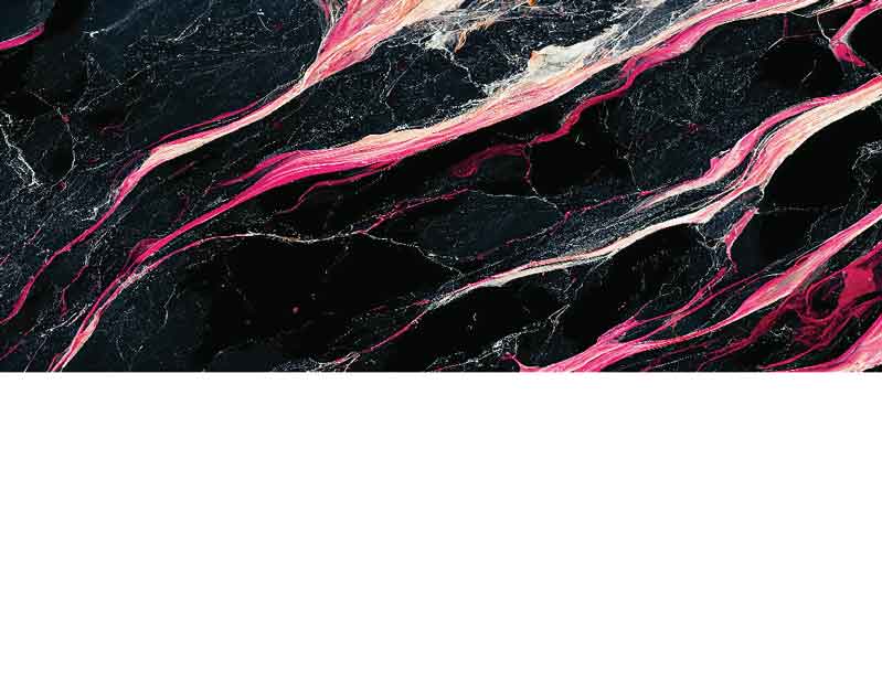 Nahaufnahme von schwarzem Marmor mit rosa und weißen Adern